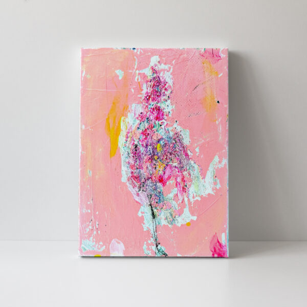 Floral Mini, kleines abstraktes Bild von rosa Flieder in vereinfachter Form auf körnigem Untergrund