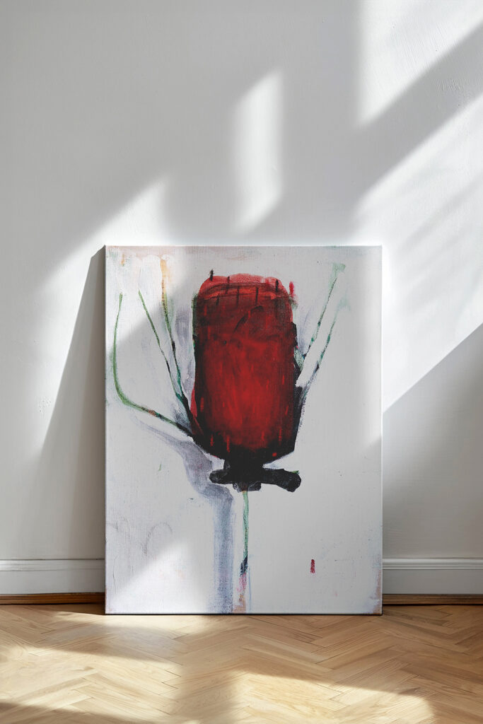 Abstrahiertes Gemälde einer Banksia-Blüte in rot