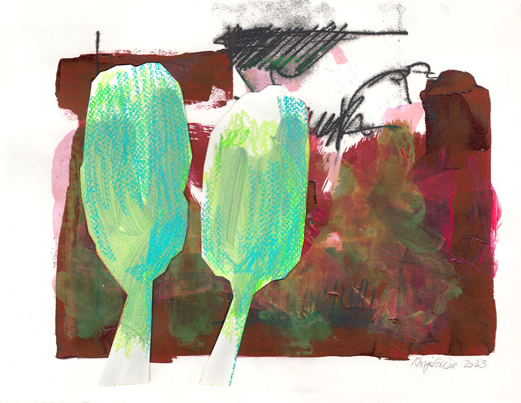 collagekunst, Monotypie, botanisches Motiv abstrakte Malerei