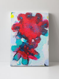 Floral Mini, kleines abstraktes Bild rotblauer Blumen in vereinfachter Form